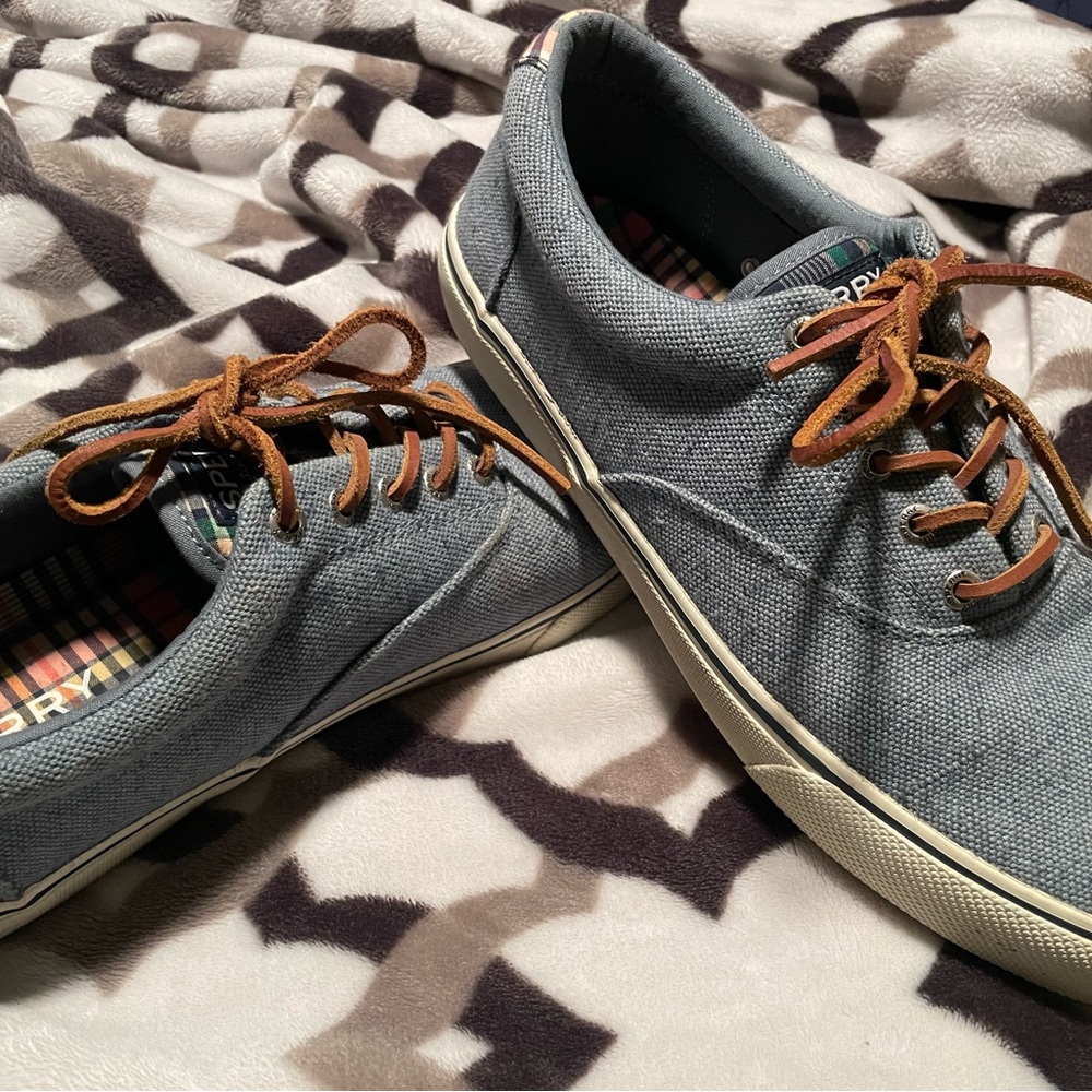 Sperry Men's Striper II CVO Blue/Grey Canvas upper Sneakers STS22046 Salt washed
